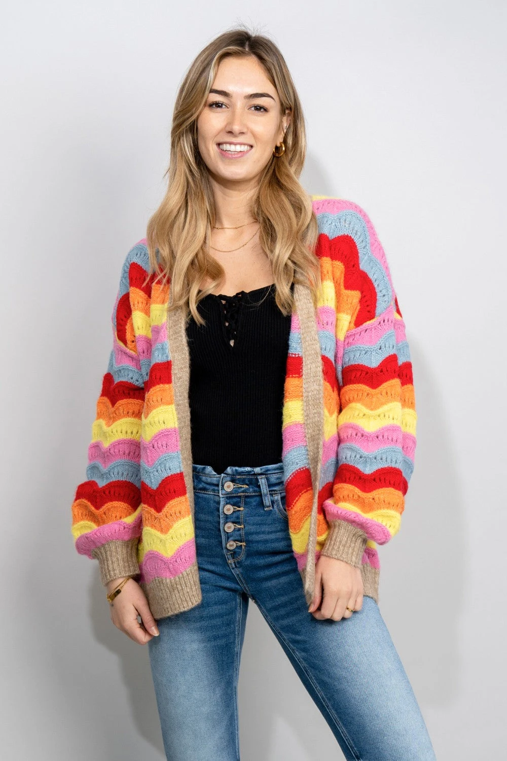 Rainbow Stripe Dropped Shoulder Open Front Cardigan