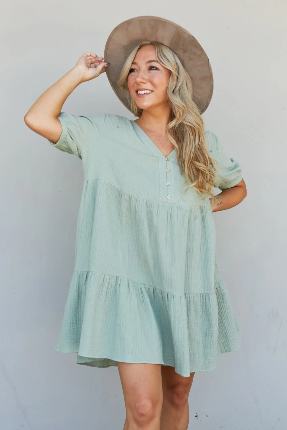 Summer Blooms Quarter Button Dress in Light Sage