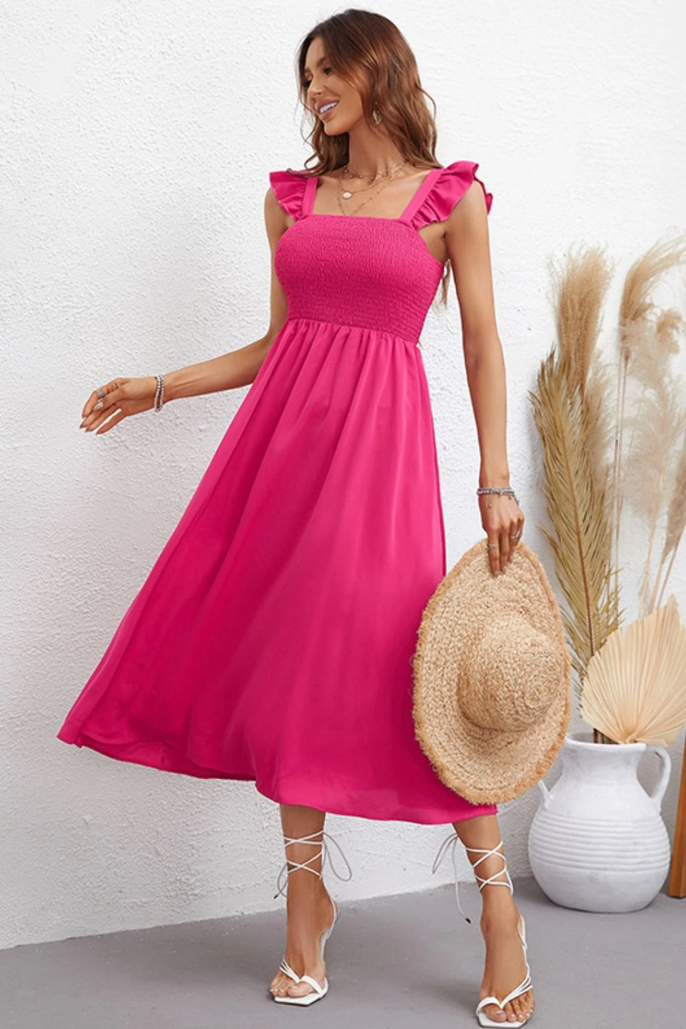 Ruffle Shoulder Smocked Square Neck Dress