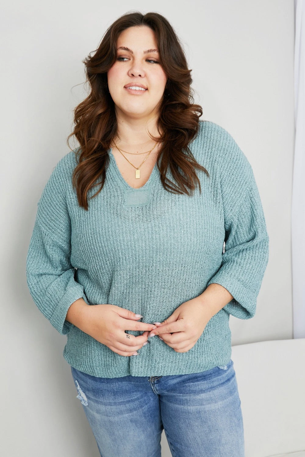 Blue Skies Three-Quarter Sleeve Notched Sweater